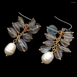 Dangle Earrings YYGEM Natural Labradorite Freeform Cultured White Rice Pearl Hook Handmade For Women