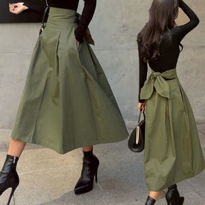 스커트 Shintimes Skirts 여자 한국 패션 단색 큰 스윙 여성 치마 긴 치마 가을 야생 하이 허리 보우 슬림 치마 230308