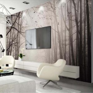 Bakgrundsbilder 3D Misty Forest Tree Wallpaper Mural Art Wall Decal HD Po Paper Rolls Handmålning Visa Väggmålningar Kontakt