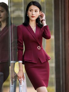 Zweiteilige Dres Fashion Rock Anzüge Büro Damen Blazer Hosen Weinrot Elegante Business Anzug Set Arbeitskleidung Uniform 230307