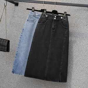 Scheroni di gonna in denim casual Donne più taglie forti di alto livello Streetwear A-Line Jeans Skirt Black Jupe Longue Summer Elegant Mid-Calf Midi Skirt 230308