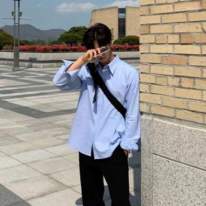 Mäns casual skjortor 2023 Men's Long Sleeve Korean Style Trend Loose Blue Pure Color Coats Lapel Collar Fashion M-3XL