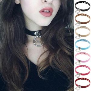 Choker Fashion 10pcs Gothic Punk Style Alloy Double Circles Pendant Snap Fastener PU Leather Necklace Collar Chocker Jewelry