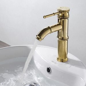 Badezimmer-Waschtischarmaturen, Waschbecken-Wasserhahn und kaltes Wasser, kurze goldfarbene Bambus-Mischbatterien