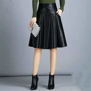 Skirts High Waist Leather Sheepskin A-Line Skirts Elegant Black Skirt Korean Womens Female Indie Folk Knee Length Ladies Office Skirt 230308