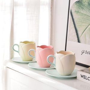 Mugs Tulip Shaped Coffee Cup Set Flower With Saucer Afternoon Tea Ceramic Mug Cups Kit Tray