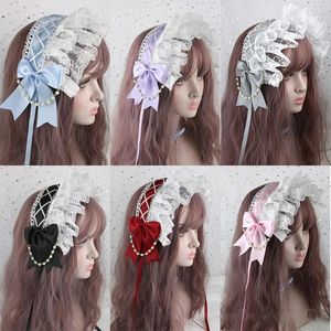 New Ruffled Lace Headpiece Headband Crisscross Ribbon Pearls Maid Headdress Vintage Dress Accessory Girl Gift Headwear