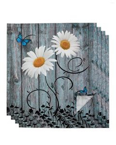 Table Napkin Daisy Retro Wood Grain Butterfly 4/6/8pcs Cloth Decor Dinner Towel For Kitchen Plates Mat Wedding Party Decoration