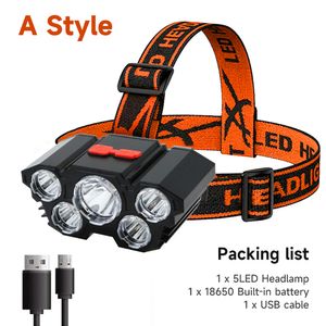 Usb Rechargeable Built-in Battery 5 Led Strong Headlight Super Bright Head-Mounted Flashlight Outdoor Night Fishing