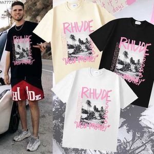 2023 Erkek ve Kadın Moda T-Shirt Markası Rhude S 2023 Amerikan Kısa Kollu Gevşek Trendi Hip-Hop Sokak Yağlı Boya Batch Lbli