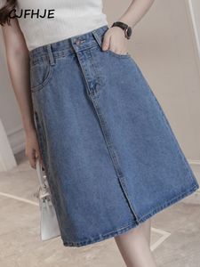 Skirts CJFHJE Kpop Oversized Summer Female A-line Skirts Solid Color Sweet Blue Denim Skirt Women Hipster Split Jeans Saias S-5XL 230308