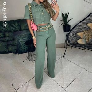 Women s Two Piece Pants Waytobele Women Set Fashion Solid Short Sleeve Lapel High Waist Top Wide Leg Loose Sets Without Belt Streetwear 230307