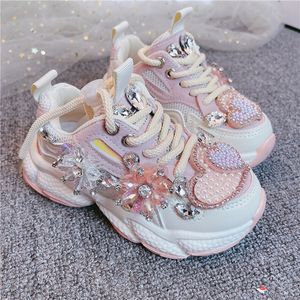 Sneakers Kids Girls Spring Fashion Casual Running Sports Trainers Brand Breathable Children Pink Pearl with diamond Flats 230308