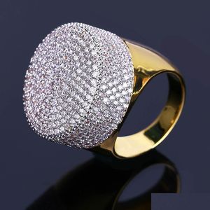 Tre anelli di pietra Hip Hop Bling ghiacciato Anello color oro Micro pavé di zirconi cubici Diamante rotondo con 7 8 9 10 11 Cinque dimensioni Fo Dhgarden Dhjow