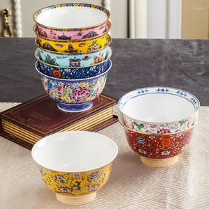 Tigelas pinturas de ouro solteiro azul e branco tigela de porcelana doméstica antiga pequena pé alto arroz de arroz escaldado estilo chinês