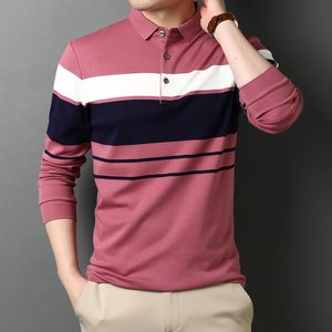 Erkek Polos Yüksek Kaliteli Erkekler Pamuk Uzun Kollu Golf Gömlek Moda Tasarımcısı Spor Giyim Sıradan Turn Down Tutts Teps Stripe Polo Gömlek 230308