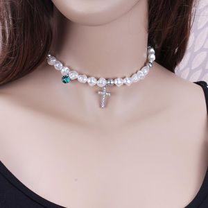 Pendant Necklaces Pearl Beaded Diamond Cross Necklace Irregular Simulation Chain Rhinestones Women Jewelry