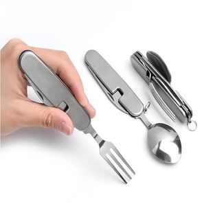 100Pcs Multifunction Outdoor Camping Picnic Tableware Folding Fork with Spon and Knife Bottle Opener Stainless Steel Cutlery set