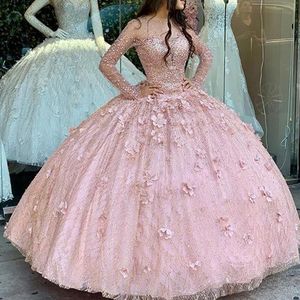 Quinceanera Dressesエレガントな長袖クリスタルスパンコールアップリック3D花のボールガウン