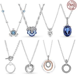925 Silver Fit Pandora Necklace Pendant Heart Women Fashion Jewelry Multi Round Sapphire Heart Shaped