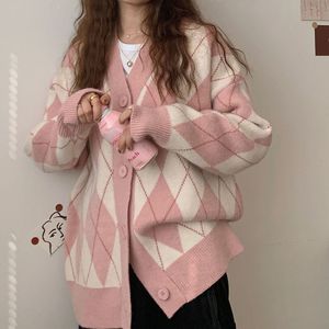 Kadın Örgü Tees Argyle Hırka Kadın Örgü Sweater Gevşek Tek Göğüslü Öğrenciler Vneck Güzel Örgü Koreli Büyük Boy Kış Topları 230308