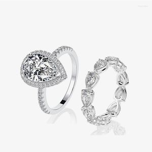 Klusterringar 925 Sterling Silver Fancy Water Drop 2pcs Pear Shape Diamond Ring Set Women Wedding Party Fine Jewelry