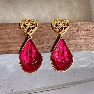 Brincos de bronzeamento francês Vintage French Oversize Rose Colored Glass Crystal Luxury Metal Heart Drop for Women