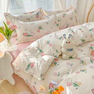 Bedding sets Kawaii Washed Cotton Bedding Set For Kids Girls Cute Print Duvet Cover Single Full Queen Size Flat Bed Sheets And Pillowcases 230308