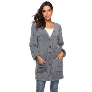 Damenpullover Herbst Winter Frauen Langarm-Strickjacke mit Taschen, dick, warm, Mohair-Knopf, femininer Mantelpullover