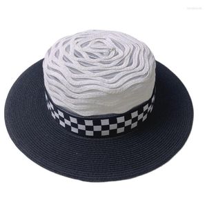 Wide Brim Hats Ladies Straw Hat Checkerboard Webbing Decoration Wide-brimmed Panama Fashion Temperament Mesh Wild Travel HolidayWide Davi22