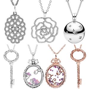 925 Silber für Pandora-Halskette, Anhänger, Herz, Damen-Modeschmuck, schimmernde Spitze, Rose, Blume, königlicher Schlüssel, Mond und Stern mit Kristall