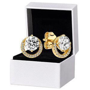 Gold plated Round Halo Stud Earrings for Pandora 925 Sterling Silver Wedding designer Jewelry For Women Girlfriend Gift CZ Diamond Earring with Original Box