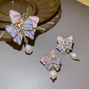 ダングルイヤリングvsnow exquisite double butterfly purpleピンクの女性のための妖精エナメル不規則パールジュエリーペンディエント