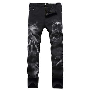 Mäns jeans 2022 Dark Streetwear Skull Print Punk Men Vintage Slim Jeans Trousers Hip Hop Stretch Cotton Denim Pants For Teens Pantalones Z0301