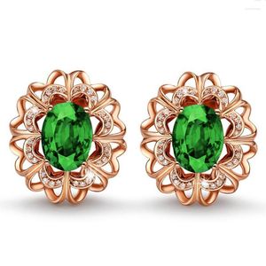 Stud Earrings Classical Green Crystal Emerald Gemstones Diamonds Flower For Women 14k Rose Gold Filled Jewelry Party Accessories