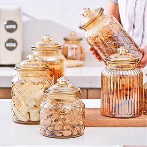 Garrafas de armazenamento JARS JARRA AVIDO DE VIDRO CAIXA DE COZINHA CAIXA DE ARMAÇÃO DE ARMAZENAGEM DE AMBER AMBER GRANHA DE VIDRO Organizador de cozinha Recipiente de vidro J230301