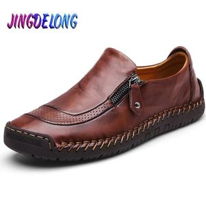 Sapatos de vestido Clássico Mens Casual Couro Genuíno Respirável Homens Soft Flats Mocassins Mocassins Zipper Driving Masculino 230308