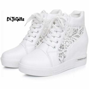 Elbise Ayakkabı Kadın Kama Platformu Kauçuk Brogue Deri Bağcıklı Yüksek topuk Ayakkabı Sivri Burun Artan Creepers Beyaz Gümüş Sneakers
