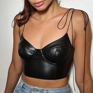 Tanques femininos Zoctuo Faux Leather Black Sleeveless Slips zípeira sexy Slim Crop Camis Top 2023 Summer Mulher Moda Y2K Roupas Cyber ​​Party Party