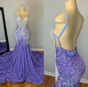 Sexig Lavender Mermaid Prom -klänningar för svarta flickor 2023 Crystal Rhinestone Sequins Open Back Formal Birthday Party Gowns E0308