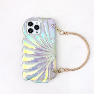 3D Colorful Shell Glitter Laser Phone Case för iPhone 14 Pro Max 11 12 13 Pro Max Luxury Transparent veckad stötsäker täckning med metallhandskedja