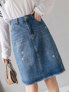 Skirts JMPRS Tassel Women Denim Skirt Fashion Embroidery Ripped Jean Skirts High Waist A Line Pocket Cotton Jeans Letter Midi Skirt 3XL 230308