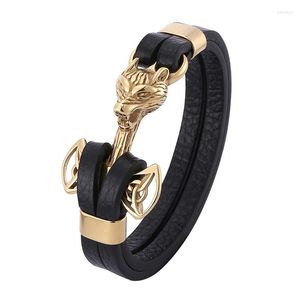 Charmarmband Herrguld varg av rostfritt stål ankare bojor svart läder armband män armband mode smycken gåvor pd0761