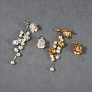 French Fashion Stud Natural Pearl Bell Orchid Asymetryczne kolczyki dla kobiet niszowych osobowość matowa starsza biżuteria z Tassel