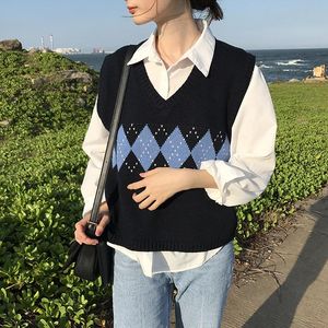 Kadın Sweaters Kadınlar Kolsuz Külot Sonbahar 2023 İngiltere Tarzı Vintage Geometrik Rhombic V Boyun Örme Süveter Yelek Siyah Yelek T