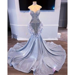 Yeni gümüş denizkızı balo elbiseleri 2023 boncuk tüyleri parıltılı kristaller lüks resmi parti gece elbisesi bornoz de bal önlük