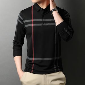 Męski Polos High End marka mody Polo Shirt Men Black Striped Korean Top Qual Casual Long Rleeve Tops Men Ubrania 230308