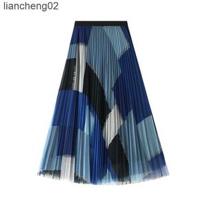Skirts Korean Style 2022 Geometric Print Y2K Skirt VD1702 Women Purple Black Blue Long Midi Length Tulle Pleated Skirt W0308