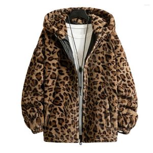 남성용 자켓 코트 레오파드 프린트 긴 소매 지퍼 클로저 겨울 두꺼운 양면 플러시 후드 자켓 겉옷