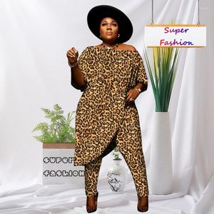 Tracksuits L-4XL 2023 Fall Plus Size Women Clothing Fashion Leopard Printing Short Sleeve Casual Two Piece Pant Set Drop grossist